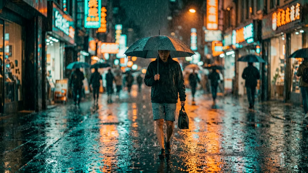 雨夜城市街道霓虹反射，热点持续发酵的夜景氛围